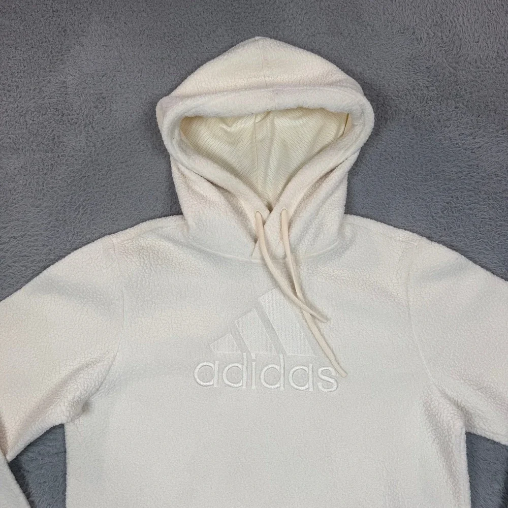 Adidas Mens Sherpa Fleece Hoodie Cream White Embroidered Logo Pullover Medium